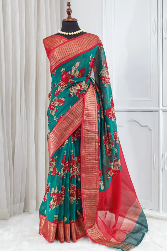 Pure Chanderi Saree – Teal Green with Red Floral Detailing