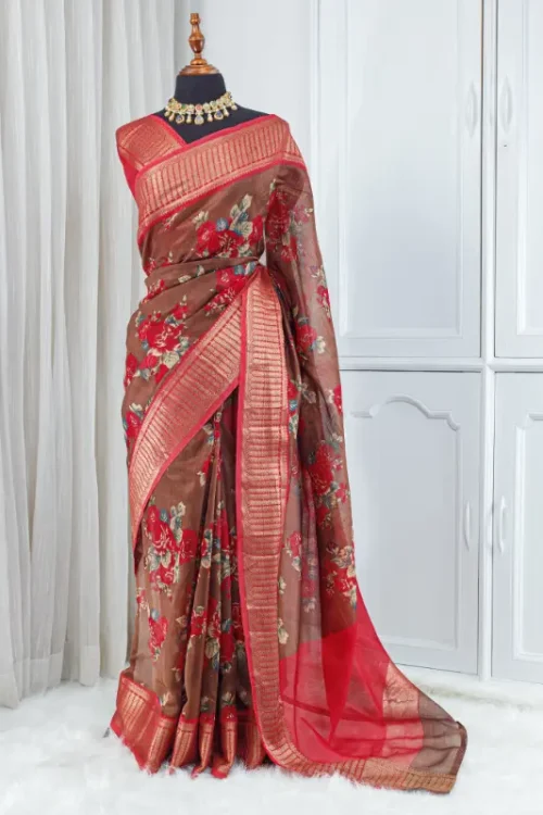 Pure Chanderi Saree – Mocha Brown with Red Floral Detailing 00047