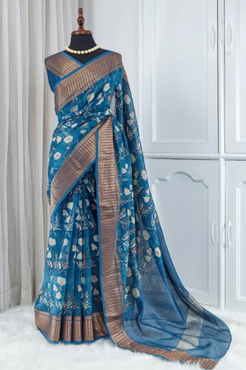 Pure Chanderi Saree – Peacock Blue with Floral Weaving