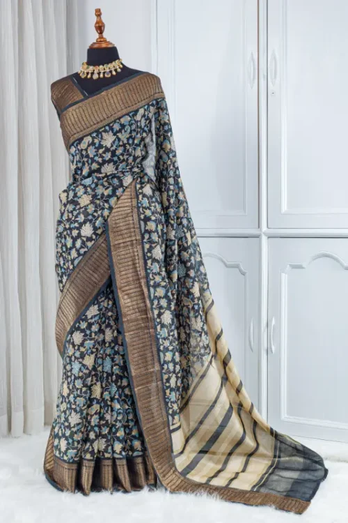 Pure Chanderi Saree – Deep Navy with Multicolour Floral Weaving