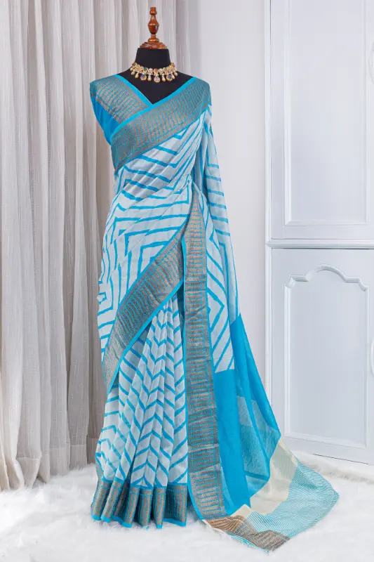 Pure Chanderi Saree – Aqua Blue & Ivory with Geometric Weaving