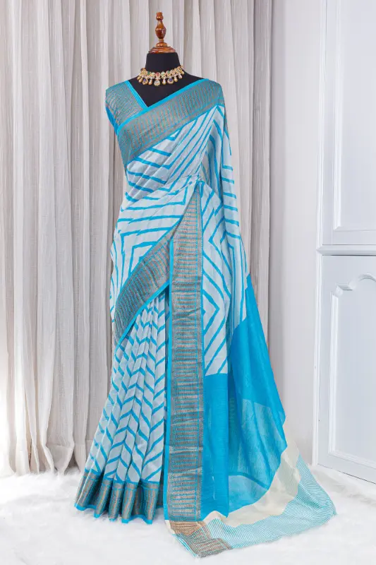 Pure Chanderi Saree – Aqua Blue & Ivory with Geometric Weaving - Image 2
