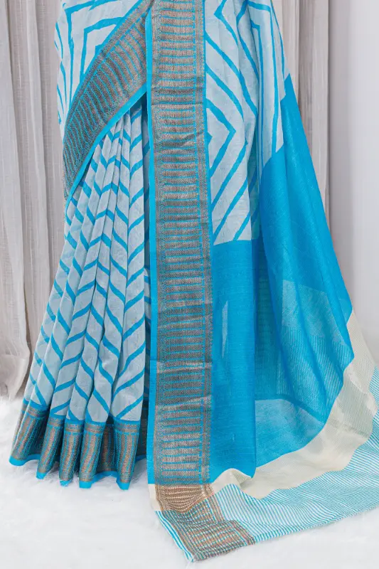 Pure Chanderi Saree – Aqua Blue & Ivory with Geometric Weaving - Image 3