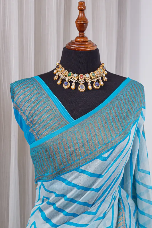 Pure Chanderi Saree – Aqua Blue & Ivory with Geometric Weaving - Image 4