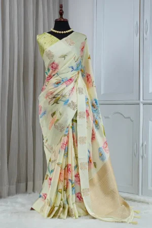 Satin Silk Saree – Soft Ivory with Multicolour Floral Detailing 00048