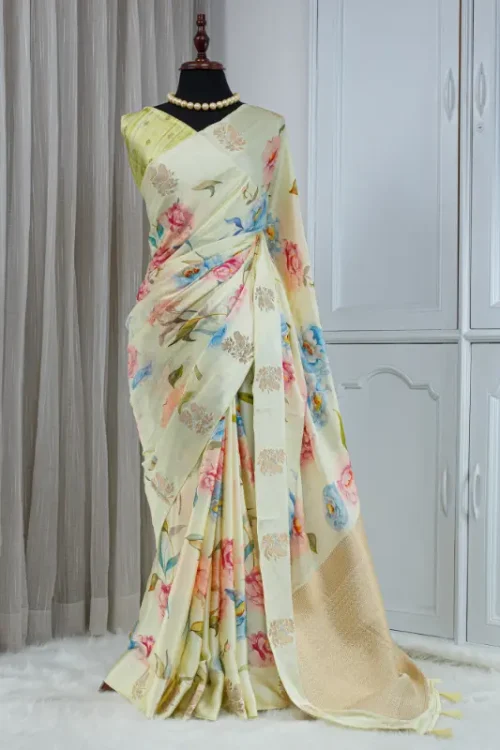 Satin Silk Saree – Soft Ivory with Multicolour Floral Detailing 00048