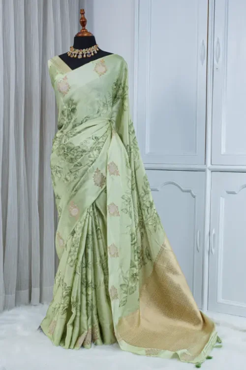 Satin Silk Saree – Pastel Sage Green with Floral Detailing 00049