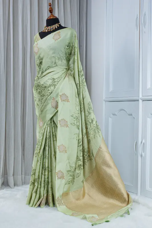 Satin Silk Saree – Pastel Sage Green with Floral Detailing 00049 - Image 2
