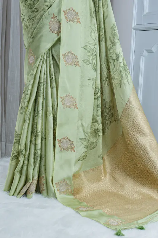 Satin Silk Saree – Pastel Sage Green with Floral Detailing 00049 - Image 3