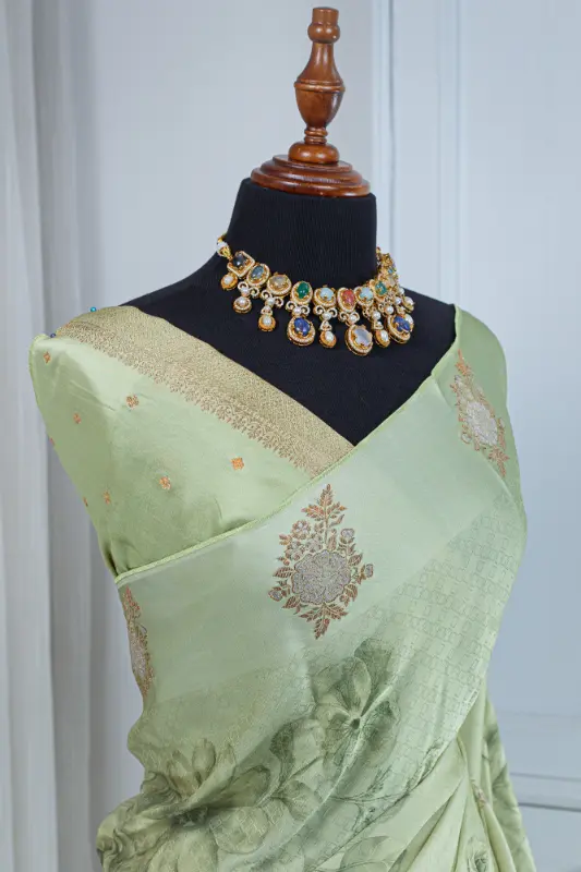 Satin Silk Saree – Pastel Sage Green with Floral Detailing 00049 - Image 4