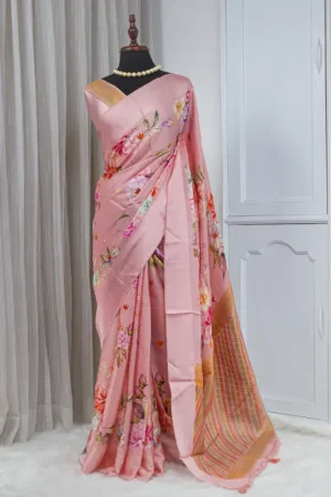 Satin Silk Saree – Blush Pink with Multicolour Floral Detailing 00050