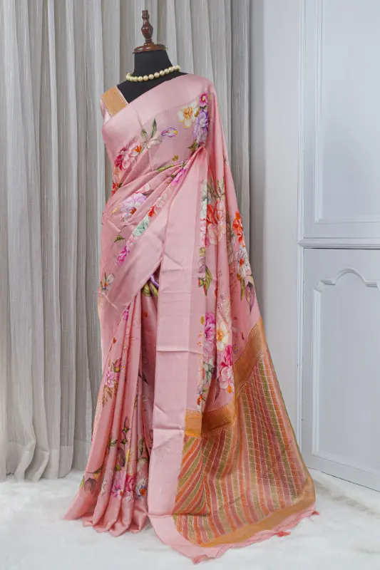 Satin Silk Saree – Blush Pink with Multicolour Floral Detailing 00050 - Image 2