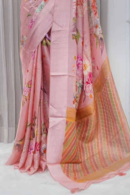 Satin Silk Saree – Blush Pink with Multicolour Floral Detailing 00050 - Image 3