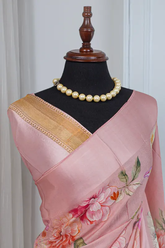 Satin Silk Saree – Blush Pink with Multicolour Floral Detailing 00050 - Image 4