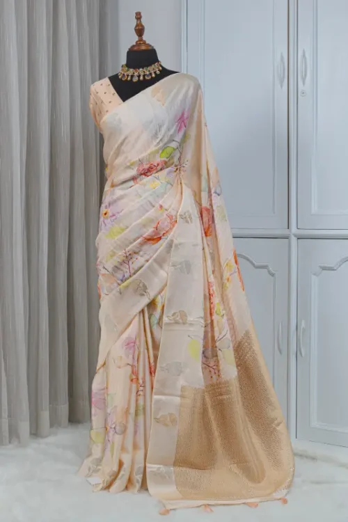 Satin Silk Saree – Soft Champagne Ivory with Pastel Floral Detailing 00051