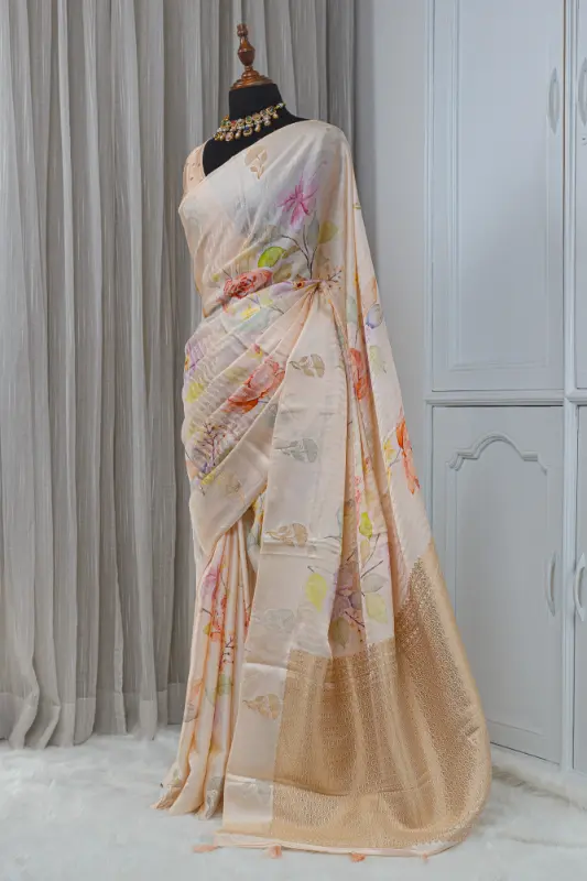 Satin Silk Saree – Soft Champagne Ivory with Pastel Floral Detailing 00051 - Image 2
