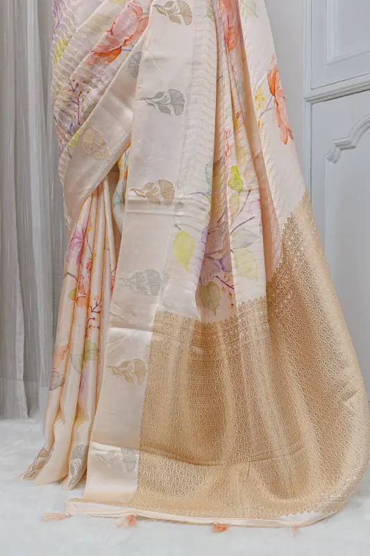 Satin Silk Saree – Soft Champagne Ivory with Pastel Floral Detailing 00051 - Image 3