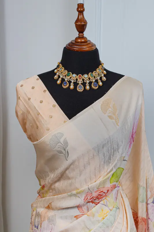 Satin Silk Saree – Soft Champagne Ivory with Pastel Floral Detailing 00051 - Image 4