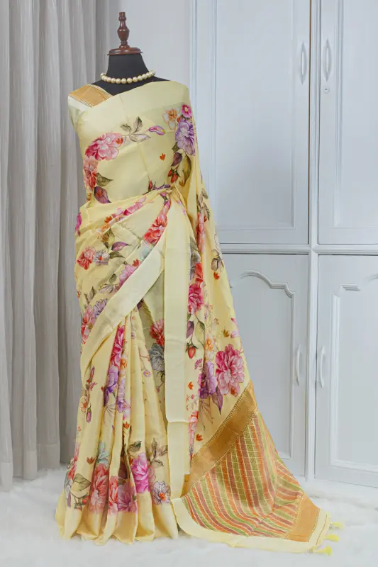 Satin Silk Saree – Soft Butter Yellow with Multicolour Floral Detailing 00052