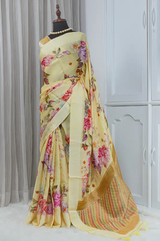 Satin Silk Saree – Soft Butter Yellow with Multicolour Floral Detailing 00052 - Image 2
