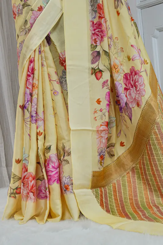 Satin Silk Saree – Soft Butter Yellow with Multicolour Floral Detailing 00052 - Image 3