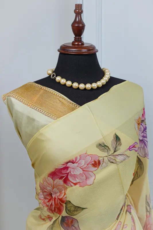 Satin Silk Saree – Soft Butter Yellow with Multicolour Floral Detailing 00052 - Image 4