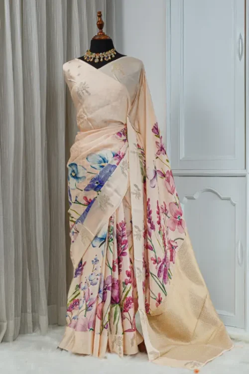 Satin Silk Saree – Soft Peach Champagne with Multicolour Floral Detailing 00053