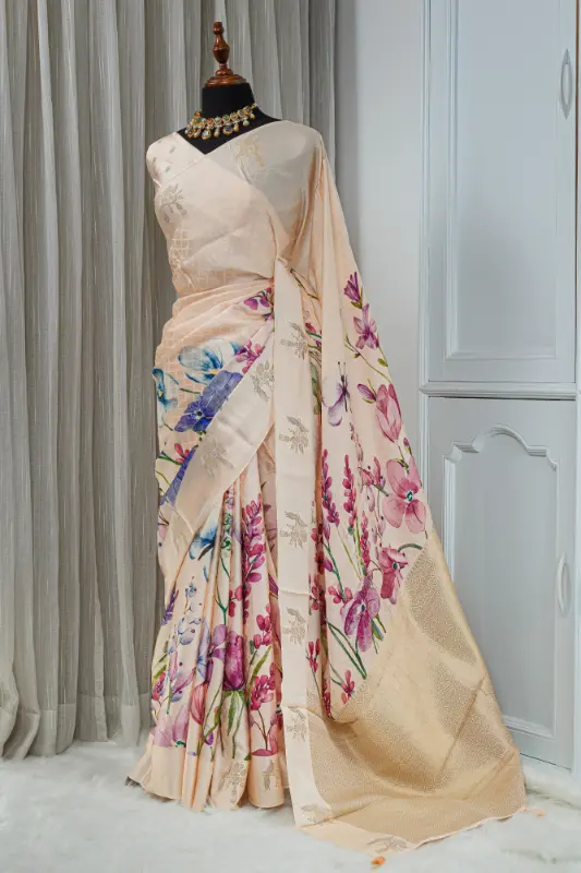 Satin Silk Saree – Soft Peach Champagne with Multicolour Floral Detailing 00053 - Image 2