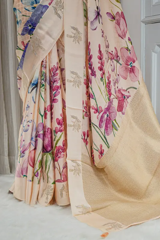 Satin Silk Saree – Soft Peach Champagne with Multicolour Floral Detailing 00053 - Image 3