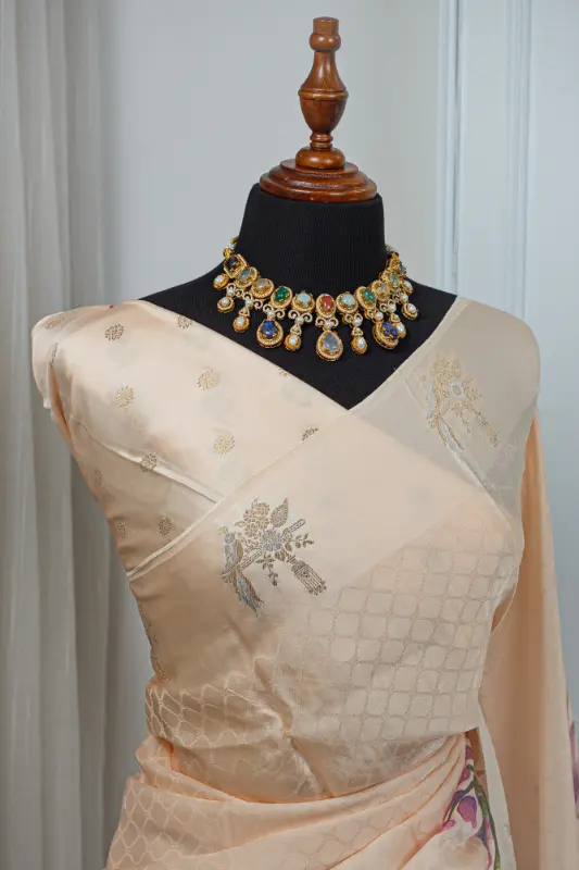 Satin Silk Saree – Soft Peach Champagne with Multicolour Floral Detailing 00053 - Image 4