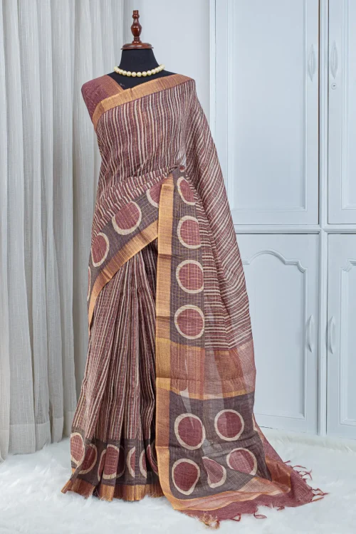 Pure Chanderi Saree – Wine Brown with All-Over Jari Stripes
