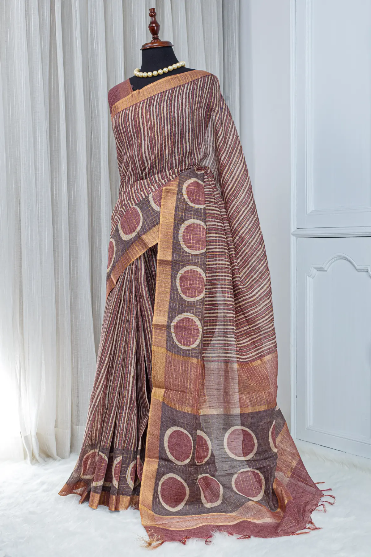 Pure Chanderi Saree – Wine Brown with All-Over Jari Stripes - Image 2
