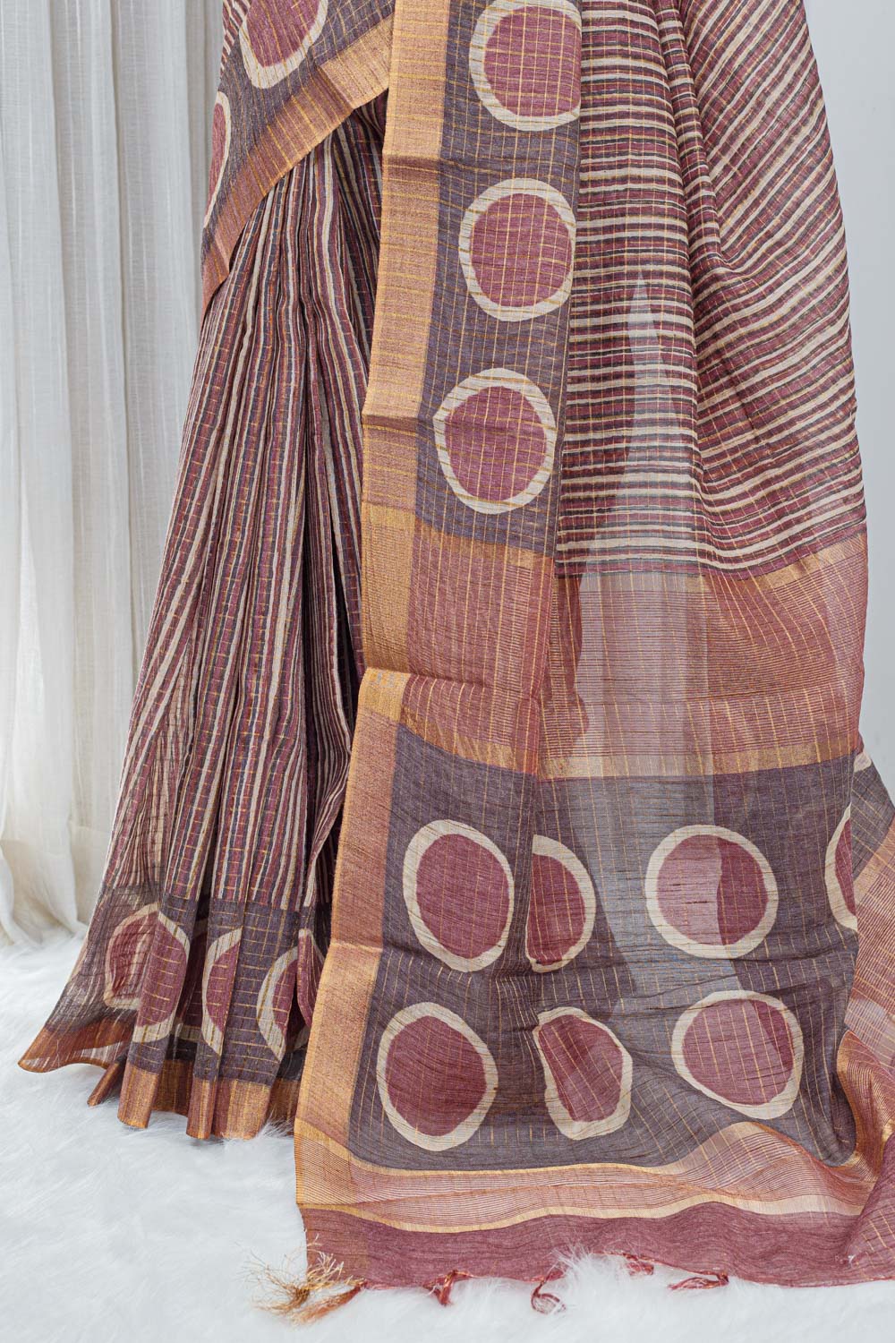 Pure Chanderi Saree – Wine Brown with All-Over Jari Stripes - Image 4