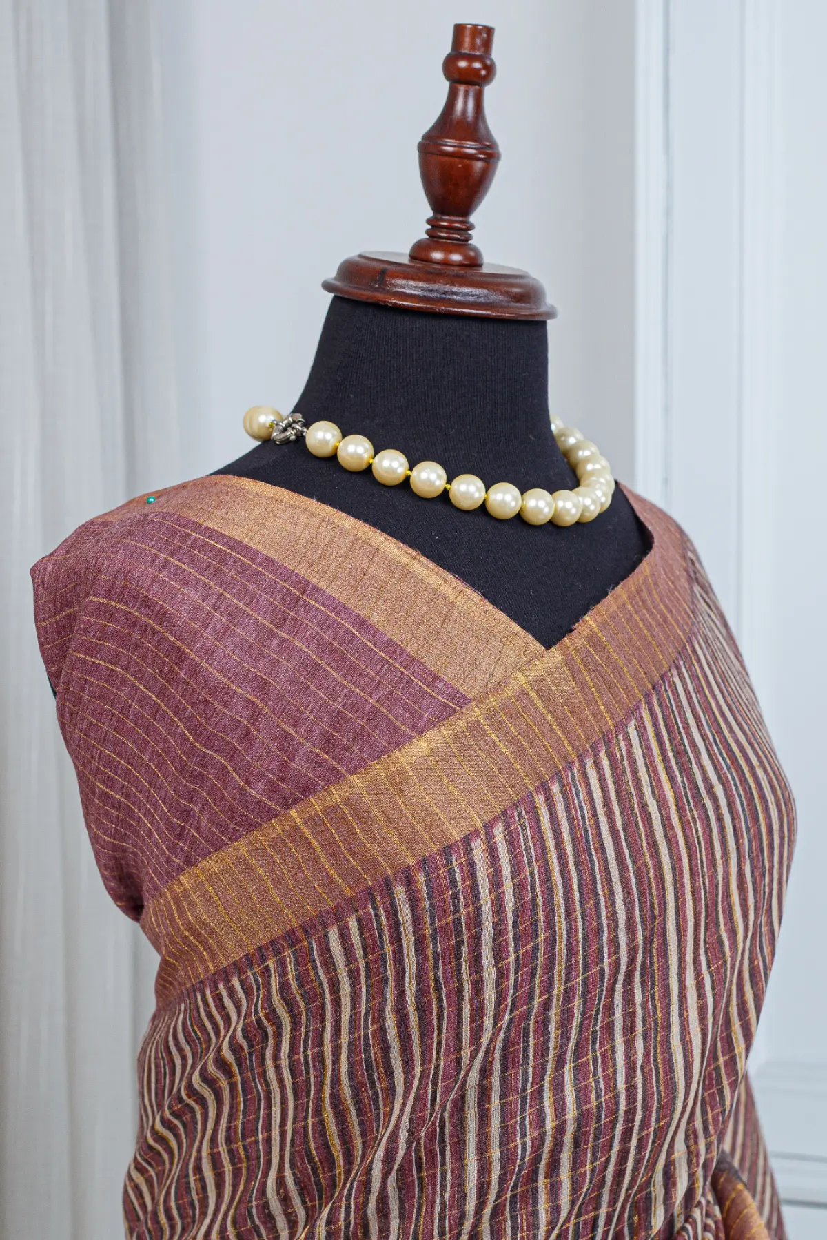 Pure Chanderi Saree – Wine Brown with All-Over Jari Stripes - Image 3