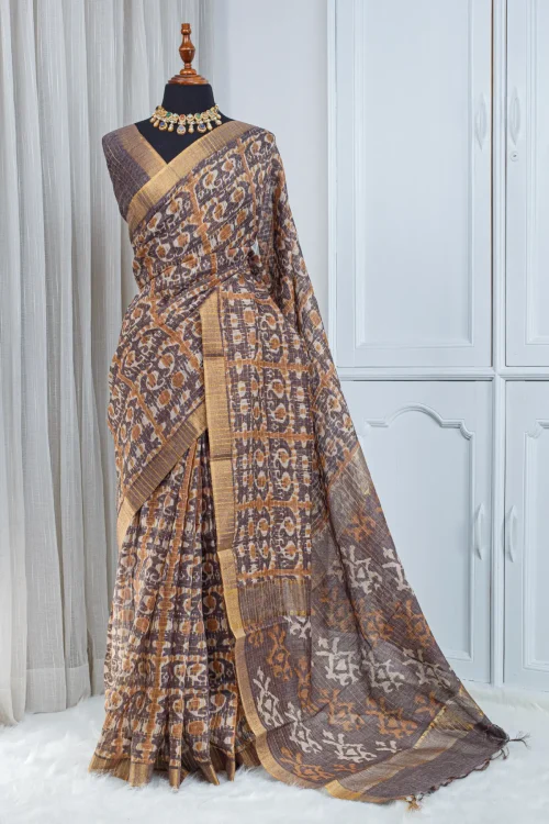 Pure Chanderi Saree – Earthy Brown with All-Over Jari Stripes 00054