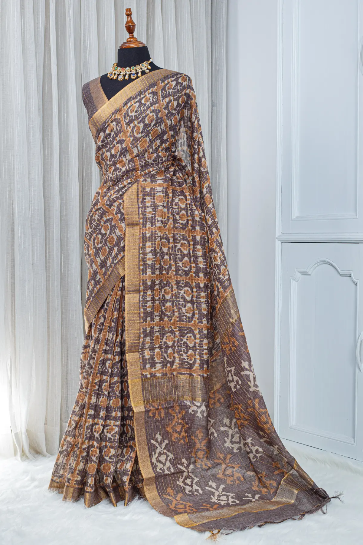 Pure Chanderi Saree – Earthy Brown with All-Over Jari Stripes 00054 - Image 2