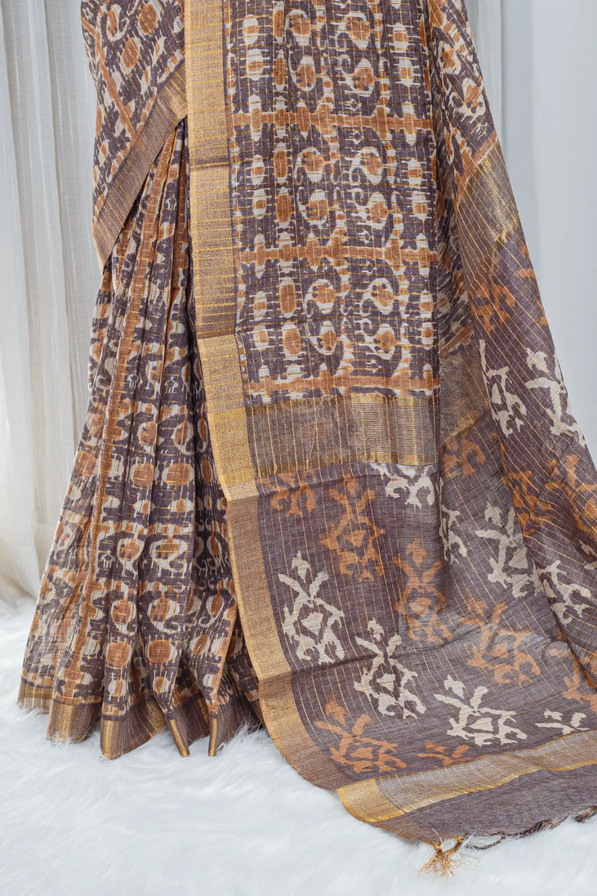 Pure Chanderi Saree – Earthy Brown with All-Over Jari Stripes 00054 - Image 3