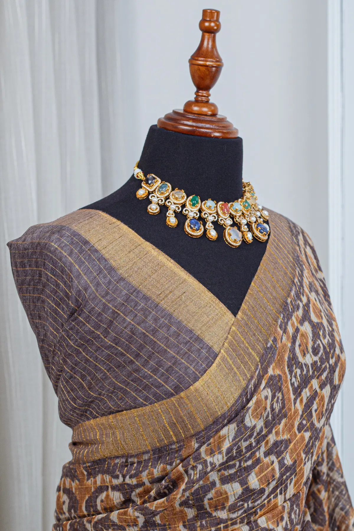 Pure Chanderi Saree – Earthy Brown with All-Over Jari Stripes 00054 - Image 4
