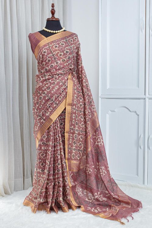 Pure Chanderi Saree – Dusty Wine with All-Over Jari Stripes