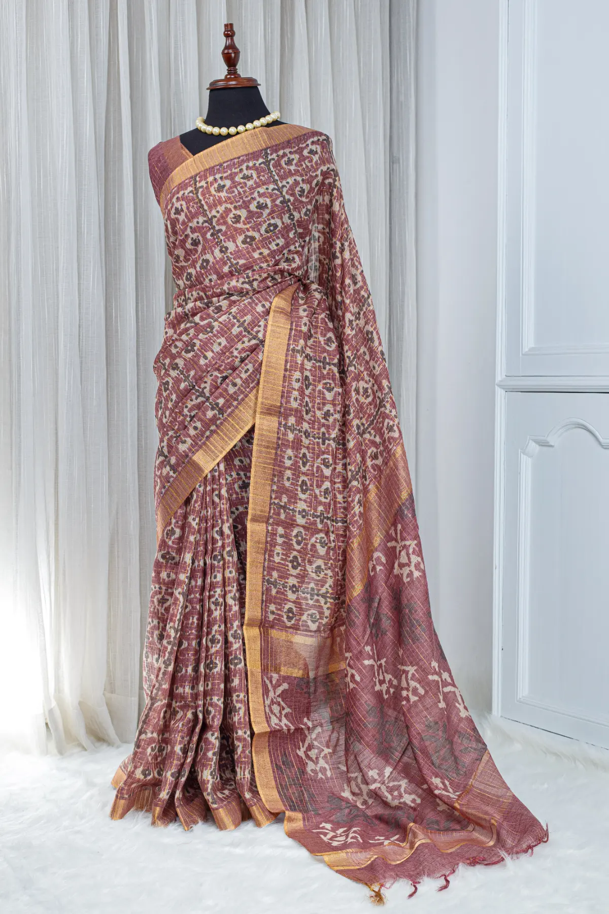 Pure Chanderi Saree – Dusty Wine with All-Over Jari Stripes - Image 2
