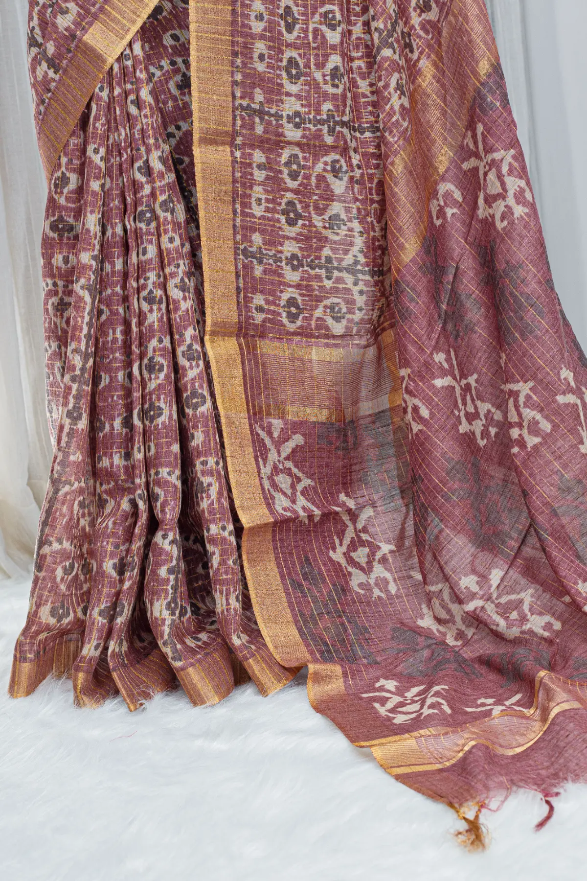Pure Chanderi Saree – Dusty Wine with All-Over Jari Stripes - Image 3