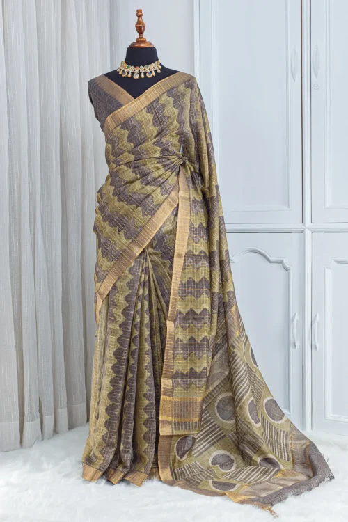 Pure Chanderi Saree – Olive Gold with All-Over Jari Stripes