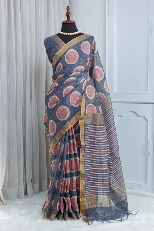 Pure Chanderi Saree – Slate Blue with Dusty Pink & All-Over Jari Stripes