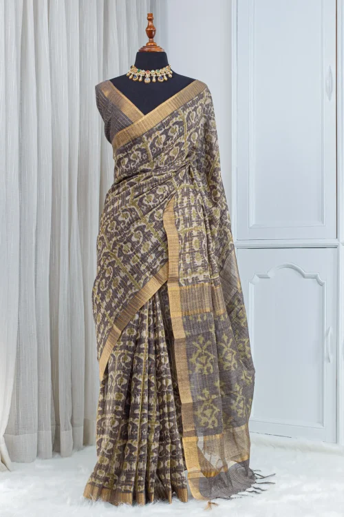 Pure Chanderi Saree – Smoky Taupe with Olive Gold & All-Over Jari Stripes