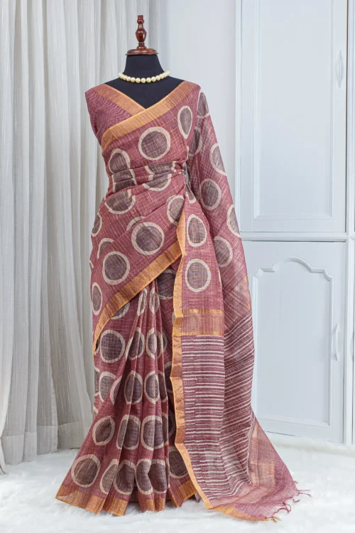 Pure Chanderi Saree – Dusty Rose Wine with All-Over Jari Stripes