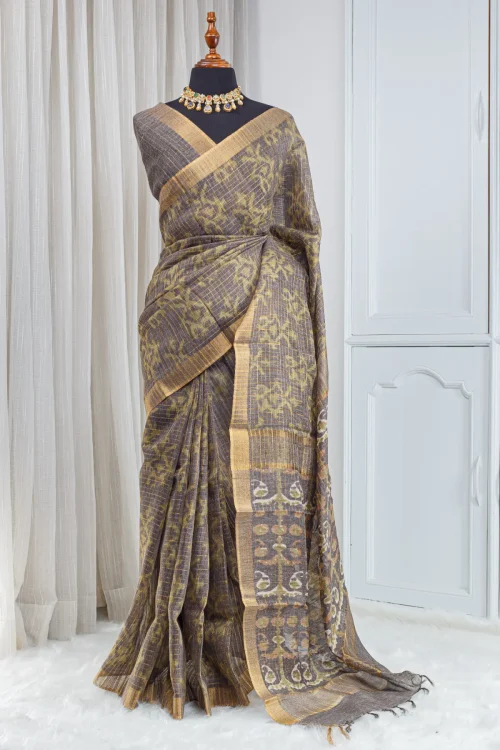 Chanderi Saree – Charcoal Grey with All-Over Jari Stripes 00055
