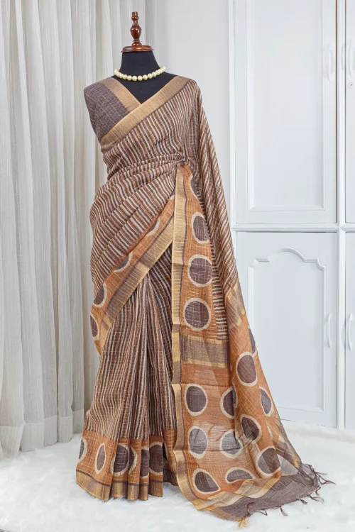 Pure Chanderi Saree – Warm Caramel Brown with All-Over Jari Stripes