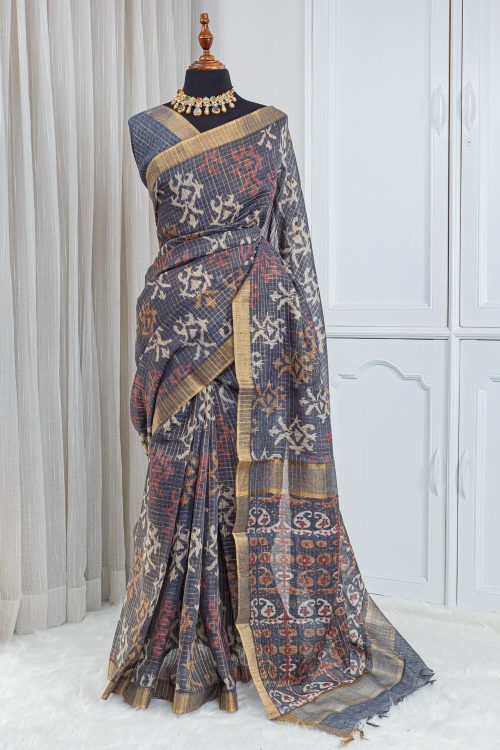 Pure Chanderi Saree – Smoky Navy Blue with All-Over Jari Stripes
