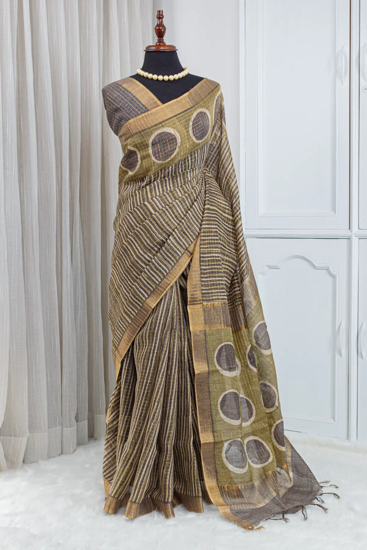 Pure Chanderi Saree – Antique Olive with All-Over Jari Stripes