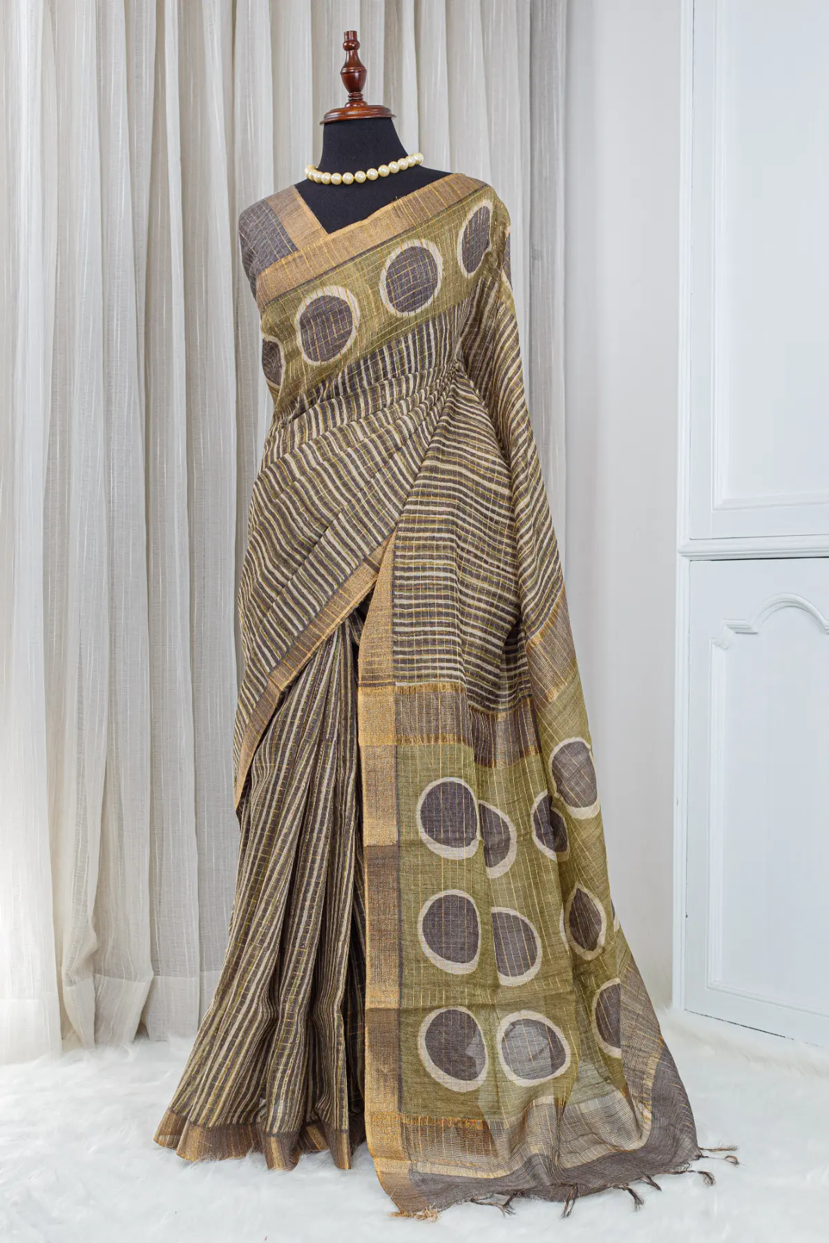 Pure Chanderi Saree – Antique Olive with All-Over Jari Stripes - Image 2